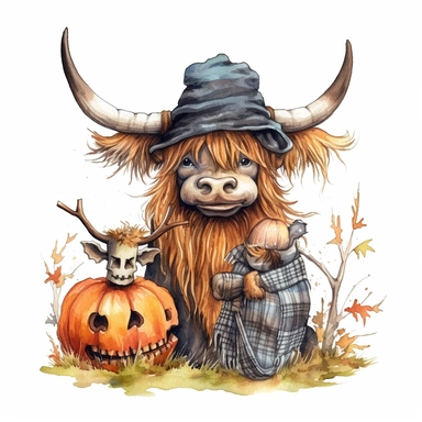 Watercolor realistic highland cow with scarecrow , style by Lucy Fleming, watercolor, smooth gradients, black contour outline, ultra detailed, clipart elements, delicate pastel colors, solid white background, super clear, high quality
