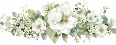 a watercolor of white flowers and eucalyptus green clipart, in the style of light white and beige, adonna khare, classic elegance, panoramic scale, elaborate borders, wiesław wałkuski, richly layered