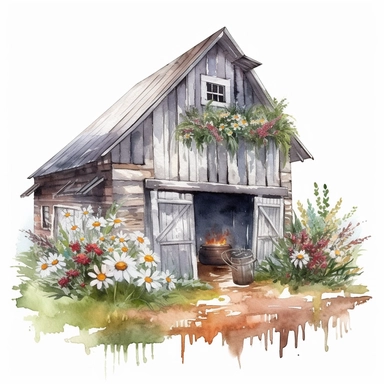 Boho barn clipart, surrounded by wildflowers, detailed, hyper realistic, watercolor style, white background