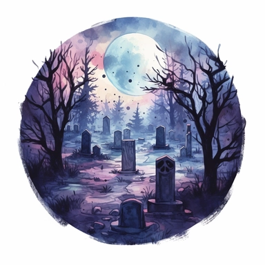 halloween graveyard, watercolor, clipart, white background, grotesque, sketchfab, under the moonlight, eerie color scheme, dark scary colors, closeup