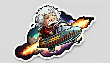 Einstein riding on a space rocket leaving a fire trail clipart sticker style