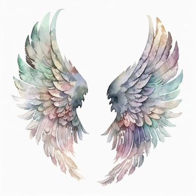 A serene and ethereal scene of white clear background Angel Wings Watercolor Clipart, delicately painted with soft hues of lavender and mint green, capturing the graceful flow of the wings' feathers, creating a sense of tranquility and serenity. The wings possess intricate details, showcasing the fine lines and patterns that accentuate their beauty. The watercolor technique adds a dreamlike quality, with subtle gradients and blending of colors, as if the wings are made of pure light and air. The