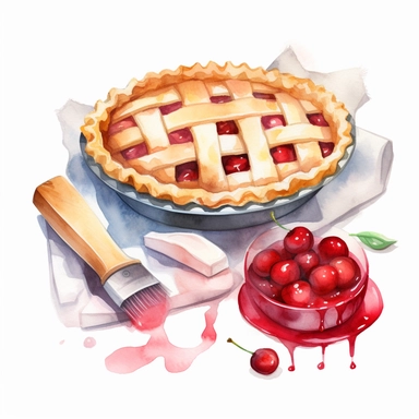 create a beautiful high quality high detail highly saturated watercolor clipart disney style illustration of a delicious CHERRY PIE being prepared, include rolling pin and baking tools, no text, no font, white background