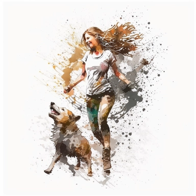 girl with dog dancing Watercolor Clipart, drip effect, clean white background, 16K Colors, clean white background