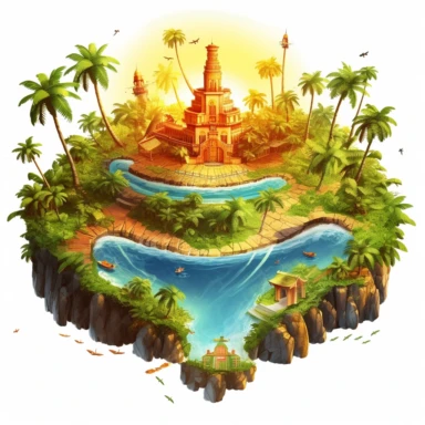 clipart of vivid magic island with sun beams, very detailed, Cartoon, hyper realistic, intricate detail, illustration style, high solution, on the white background