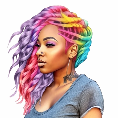 black African American woman with rainbow hair portrait clipart, watercolor style, hyper realistic, detailed, white background