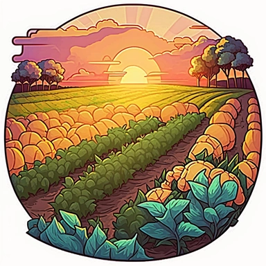 A clipart, A field of crops with a country sunset in the background only one clipart, white background, vibrant colors, cartoon,style ghibli, style dofus hand drawn, detailled, watercolor