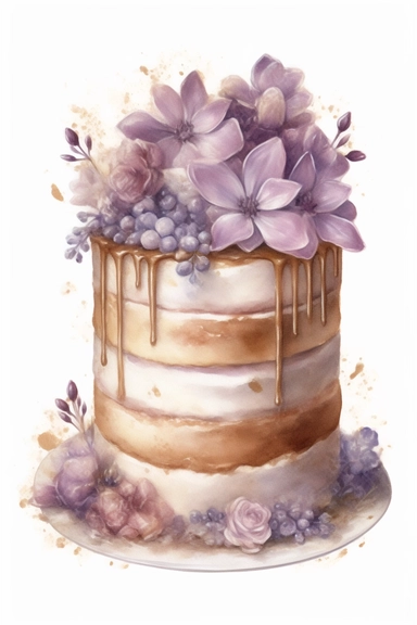 amazing detailed watercolor clipart of a beautifully detailed lilac and soft brown colored birthday cake, no caption, solid white background, cinematic light lighting, hyper-detailed, 8k, high resolution, symmetrical, full shot photograph, insanely detailed and intricate, beautiful, elegant, glamour, watercolor, cinematic