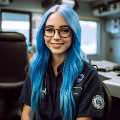 young mid twenty woman, long blue hair, black framed glasses, in a bright blue Medical Department workshirt, an ambulance patch on the side of the shirt, black Trousers, a Radio device clipped on the shoulders, smart, Fresh smile, 50mm, f1.8, Beatuy Retouche, beautiful, standing in Front of an American Hospital, sunset, happy, photorealistic, dark strong blue hair,