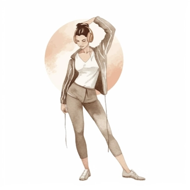 a watercolor sticker of A woman doing a power walk with earphones on and a fitness tracker on her wrist.. Watercolor. Clipart. Neutral beige faded color palette. White background. Artistic illustration. Minimal. Hand-drawn.