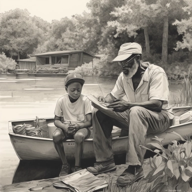hyper-realistic line drawing of full body images of Modern-day, American midwest state in 2023, elderly black man & his young grandson holding fishing rods as they fish sitting in small fishing boat in the middle of river, scene is quiet and serene as green nature surrounds them in background, the men are contemplative and in a peaceful mood, detailed facial expressions, intricate detail, clip art, editorial magazine cartoon style, 8k, 16:9