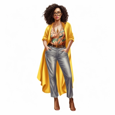 realistic illustration of Fashion-forward African American woman: Illustrate a clipart of a stylish African American woman wearing fashionable clothing and accessories. Showcase her confidence and individuality through her outfit and pose. clipart, isolated on white background, 4K