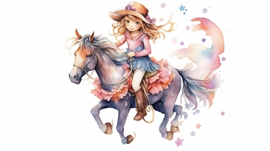 a cute cowgirl fairy, thick border lines, watercolor, clip art, spaced out, white background