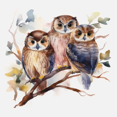 watercolor multiple owls on a tree branch, clipart