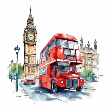 A clipart of a classic London double-decker bus driving past Big Ben, crafted in watercolor style, all on a white background.