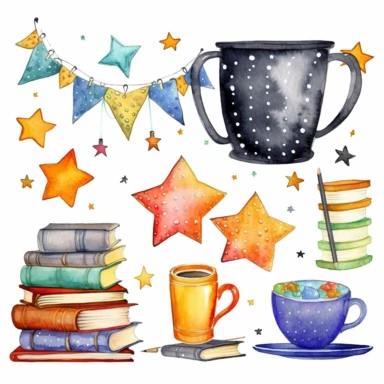 Whimsical watercolor clipart, back to school banner, set of graphics, including black board, stack of books, stationery items in a rusty cup, paint, notebook, bunting, stars and dots, white background