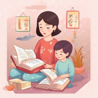 A modern Chinese family, a mother and her 8-years-old daughter are reading a book together, Textbook clipart style, super detail