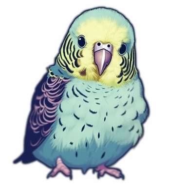 clipart style tshirt graphic design of a cute kawaii budgie parakeet bird, with contour, on a white background