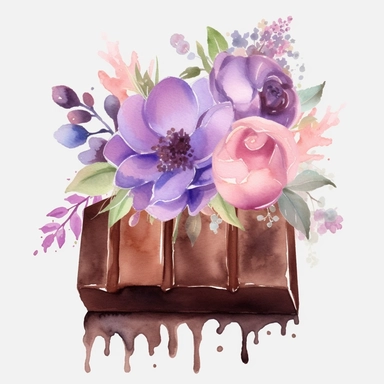 watercolor chocolate bar on a chocolate cupcake with pink and purple flowers clipart ,hd, white background--ar3.2--s1000