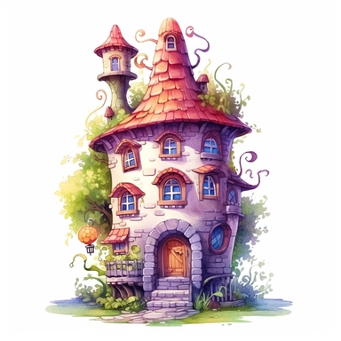 a detailed watercolor fairy house clipart, where delicate lines and vibrant hues create a charming dwelling for magical creatures to call home, 8k, fantasy style, white background