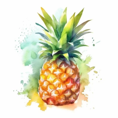 Create a colorful clipart of a pineapple with a plain, high-contrasted background in a gentle watercolor style. The pineapple should be depicted with a bold outline and filled with a range of golden yellows and rich greens, capturing the texture and asymmetrical shape of the fruit. Add a subtle watercolor wash to the background in a complementary color to make the pineapple pop. The final result should be a charming and playful piece that's perfect for use in a variety of projects, from branding