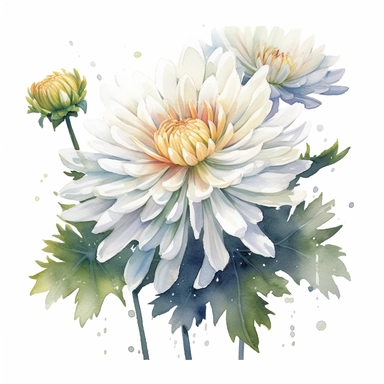 create watercolor clipart with chrysanthemum on white background, a branch with chrysanthemum Flower, color white and snow white, by Thomas W.Schaller