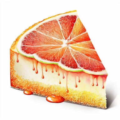 Watercolor one grapefruit cake slice Clipart, citrus grapefruit, vibrant color, high details, white background, no text