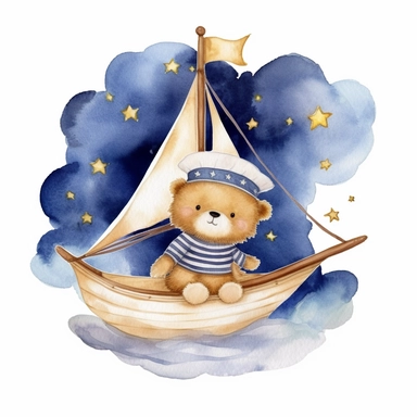 night sky clouds and a swarm of golden stars. a cute plushie sailor bear in a striped blue and white shirt and a sailor hat, in a wooden sailboat with a white sail, sailing on fluffy clouds not sea. dreamy. prominent visible brush strokes, watercolour texture, watercolor clipart png on white background