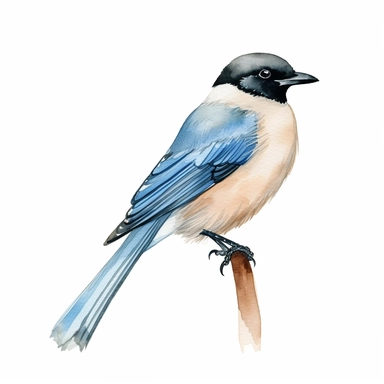 Azure-winged Magpie bird, water color style, clipart, white background
