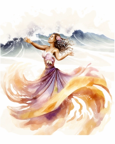 delicate watercolor pastel clipart of a Hawaiian hula dancer dancing in front of huge waves on the beach