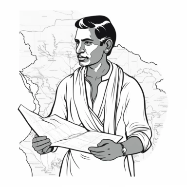white image, black outline, Indian man looking at a map in his hand, icon, clipart