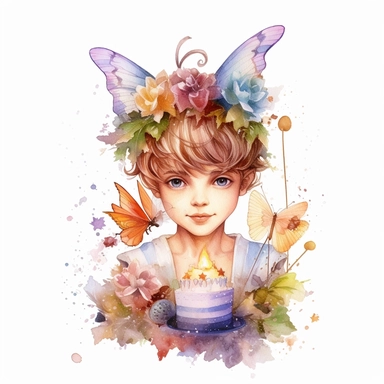 beautiful fairy boy Birthday, illustration clipart, high detailed, white background, digital art, watercolor, hd