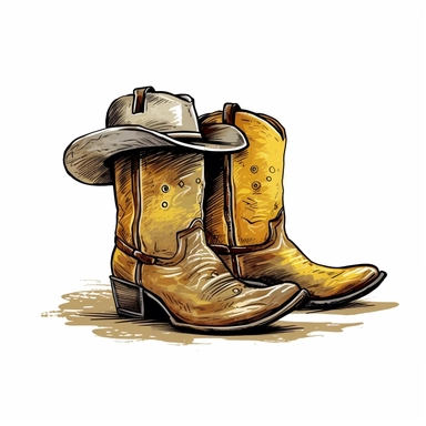 Cowboy boots and hat, clip art, multilayered, simple outline, white background