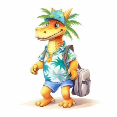 summer, cute Dinosaur wearing a Hawaiian shirt on the beach, cute pose, watercolor illustration for kids and children, clipart, sublimation, white background, brightly colored style, realistic color schemes, luminescent color scheme