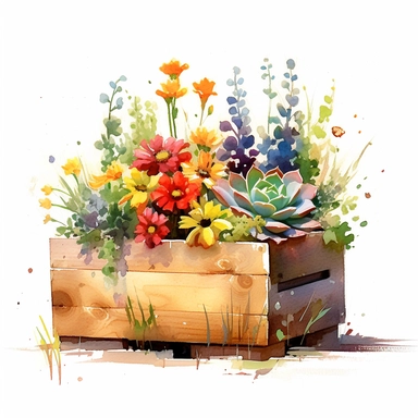 clipart, a watercolor painting of a wooden flower box filled with beautiful flowers and plants, in the style of yanjun cheng, colorful animations, rough clusters, clean and simple designs, leica cl, warm color palettes, colorful washes, white background--ar 34:33