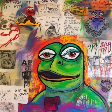 a mixed media colorful compostion of the internet meme Pepe the frog Matt Furies frog, including sketches of big fish, sketches of men at the computer, drawings of twitter badges, bonfires, maps, pepe memecoin, NFT, handwritten cursive love letters, newspaper clippings of presidential elections, sketches of snorklers in the style of davinci, photographs of beaches, small handwritten notes and tropical themes in the montage style of tony caramanico