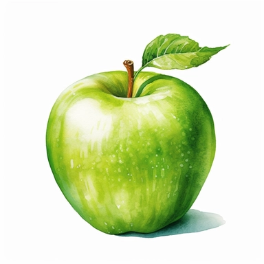 watercolor green apple clipart, white background, realistic with high details, beautifully colored with strong palette pastel colors, 32k hd, detailed quality