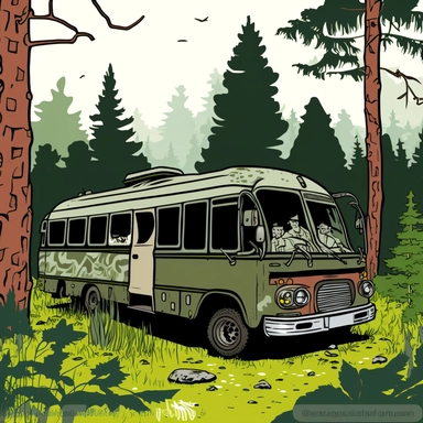 s 60 Clipart-Illustration: Ein Outdoor-Survival-Bus im Wald. Der Bus ist mit einem speziellen Kettensystem ausgestattet, um durch schlammiges und unebenes Gelände zu fahren. Er hat auch ein ausreichendes Feuersystem, um im Wald zu kochen und warm zu bleiben. Die Gruppe kann somit im Wald überleben.