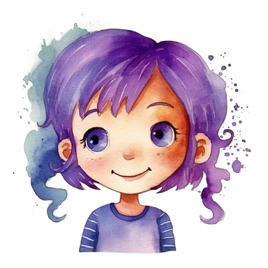 watercolour clipart of a girl with purple hair , she is the catalyst for her group shared common dreams, binding the girls together. She is direct, occasionally sharp-tongued, and highly empathetic. With a heart full of compassion, she never hesitates to lend a helping hand to anyone in need. She`s dedication to their craft is unparalleled, make her smiling, exalted mood, white background, 8k, f1