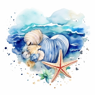 the beach blue waves has heart, couple, snails, starfish..., Watercolor Clipart, details