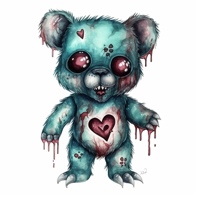 Hand drawn zombie stuffed bear, glowing eyes, heart stitched on chest cutesy goth, shades of teal and burgundy, glamorous, Halloween, full body, very detailed and realistic, watercolor, white background with margins, clipart style