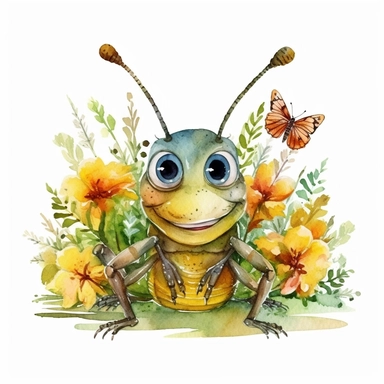 watercolor kids' simple illustration very cute and sweet smiling grasshopper surrounded by flowers and grass, clipart, white background