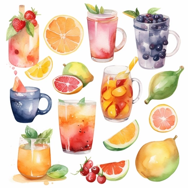 Food and Drink Watercolor Clipart: Paint watercolor fruits, vegetables, desserts, or beverages like coffee and tea, single style, white background