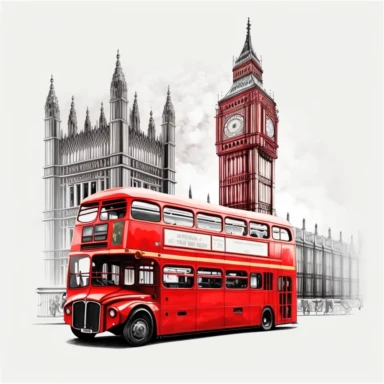 vibrant london red bus drviving past Houses of Parliament detailed colourpencil drawing clipart svg white background
