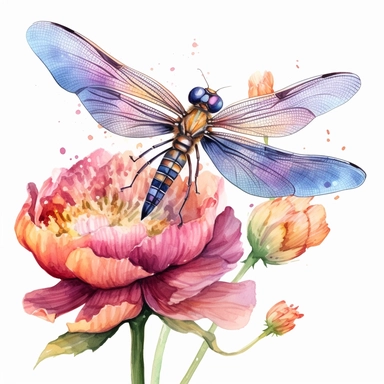 a watercolor clipart of a dragonfly on a flowe