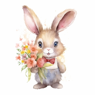 Watercolor bunny holding bouquet of wild flowers clipart, childlike innocence and charm, big and adorable eyes, cute and charming expression, funny and floppy ears, rosy cheeks, shy bunny, foreboding colors, valentines day themed, white background