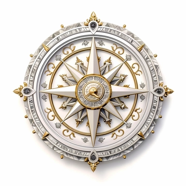 Design an extraordinary clipart of a fairy tale-inspired compass against a pristine white background. The compass should have a golden, filigree design, with a delicate crystal replacing the needle. Depict ancient symbols of guidance and destiny on the compass markings.