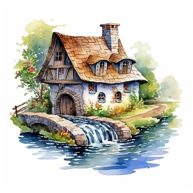 An enchanting watercolor clipart illustration of a picturesque medieval cottage perched near a meandering river, embraced by a tranquil countryside. The cottage boasts weathered stone walls, a thatched roof adorned with climbing vines, and a meticulously crafted waterwheel gracefully spinning by the riverside. The calming river reflects the surrounding nature, with delicate ripples and vibrant aquatic life. Against a clean white background, the watercolor medium enhances the cottage's rustic cha