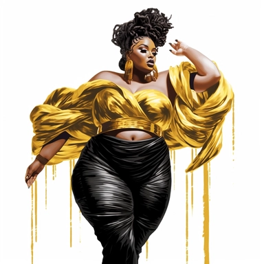??????socialite black woman bods, plus size, long massive braids, full glam, fashion icon, dripping gold rush, talented and good vibes, dressy pant and couture frilly flow top, clipart, white background