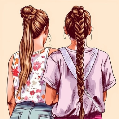 clipart of adult best friends, friends forever, ponytail hairstyle, back facing, fashionable, closeup